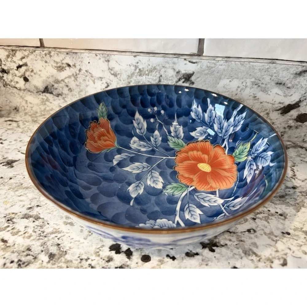 Japanese Mino Ware Bowl Ceramic hand, painted blue white floral